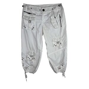 Cargo‎ Capri Pants Small Med White Embroidered Eyelet Zip Pockets Drawstring Y2K